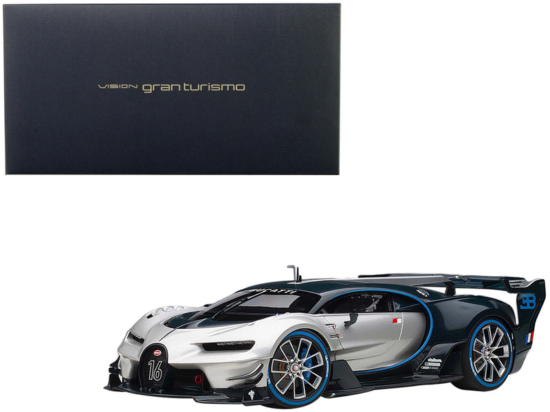 Bugatti Vision Gran Turismo "16" Argent Silver and Blue Carbon Fiber 1/18 Model Car by Autoart