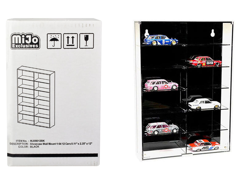 Showcase 12 Car Display Case Wall Mount with Black Back Panel "Mijo Exclusives" for 1/64 Scale Models