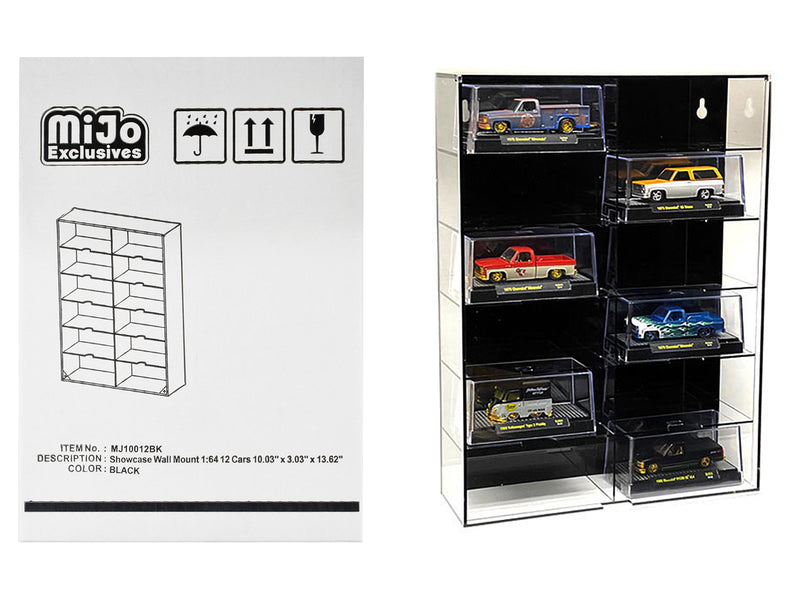 Showcase 12 Car Display Case Wall Mount with Black Back Panel and Extra Space "Mijo Exclusives" for 1/64 Scale Models