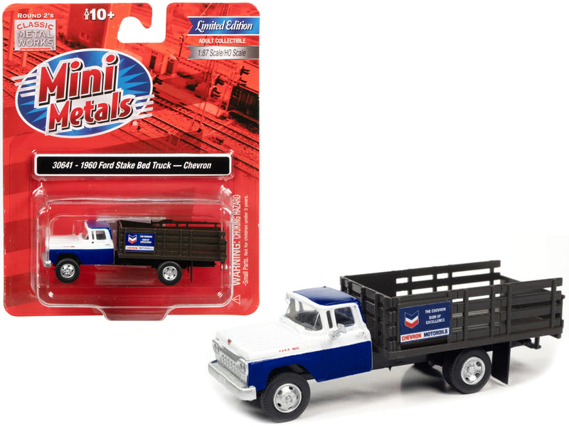 1960 Ford Stake Bed Truck "Chevron" Blue and White 1/87 (HO) Scale Model Car by Classic Metal Works