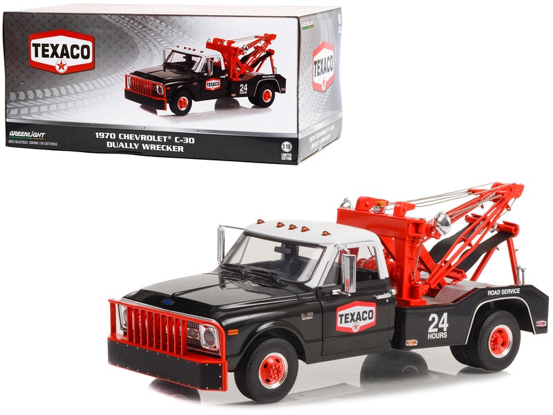 1970 Chevrolet C-30 Dually Wrecker Tow Truck "Texaco 24 Hour Road Service" Black with White Top 1/18 Diecast Model Car by Greenlight