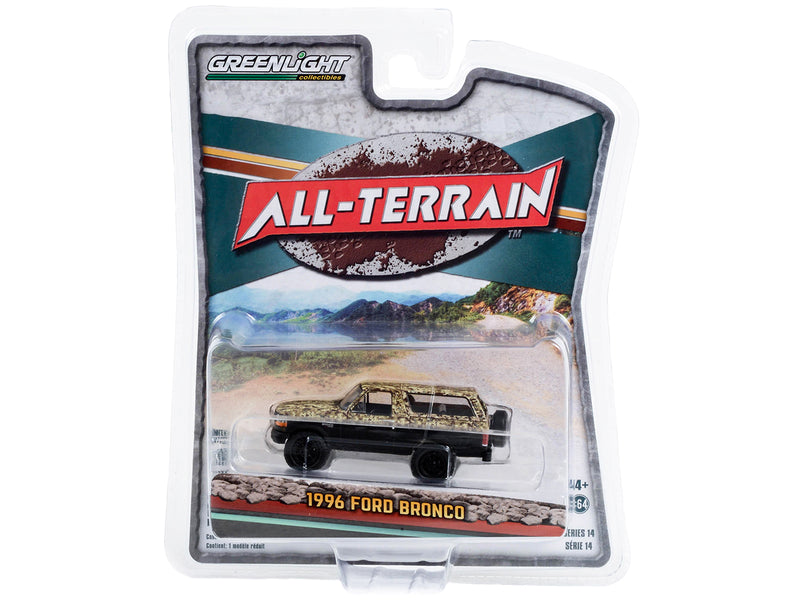 1996 Ford Bronco (Lifted) Custom Matt Black and Camouflage "All Terrain" Series 14 1/64 Diecast Model Car by Greenlight