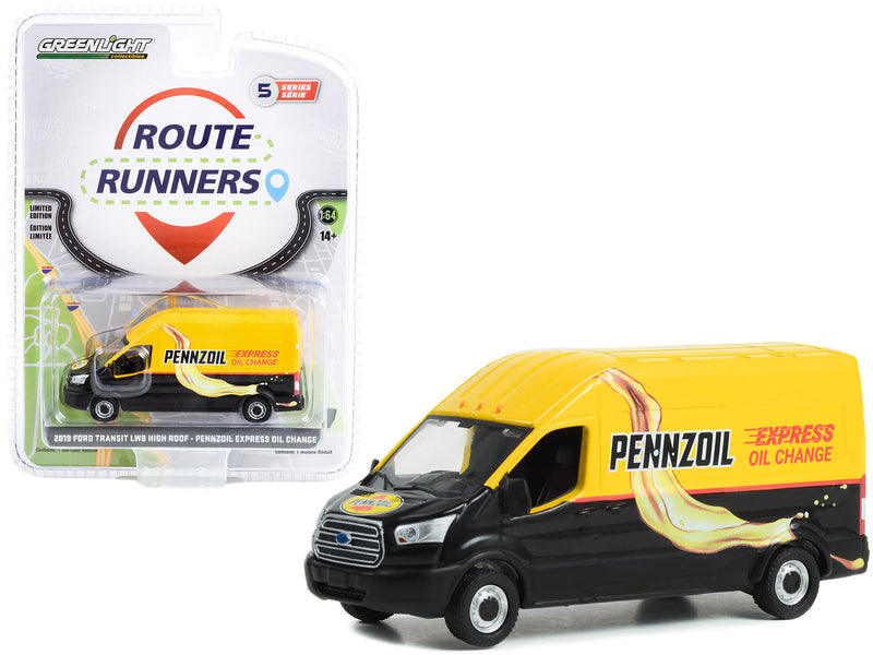 2019 Ford Transit LWB High Roof Van "Pennzoil Express Oil Change" Yellow and Black "Route Runners" Series 5 1/64 Diecast Model Car by Greenlight