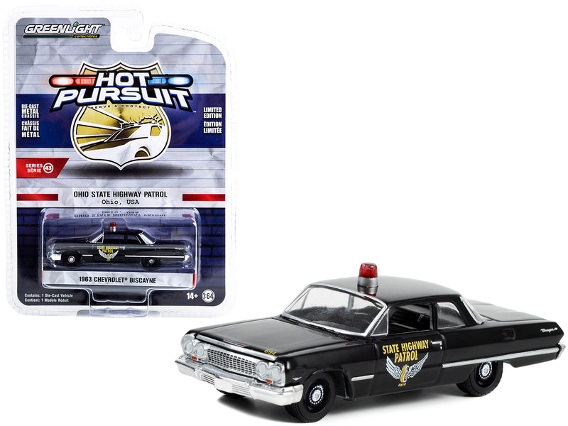 1963 Chevrolet Biscayne Black "Ohio State Highway Patrol" "Hot Pursuit" Series 43 1/64 Diecast Model Car by Greenlight