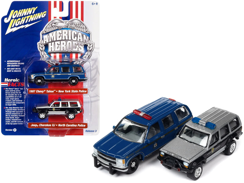 1997 Chevrolet Tahoe "New York State Trooper" Blue with Gold Stripes and Jeep Cherokee XJ "North Carolina State Trooper" Black and Silver "American Heroes" Series Set of 2 Cars 1/64 Diecast Model Cars by Johnny Lightning