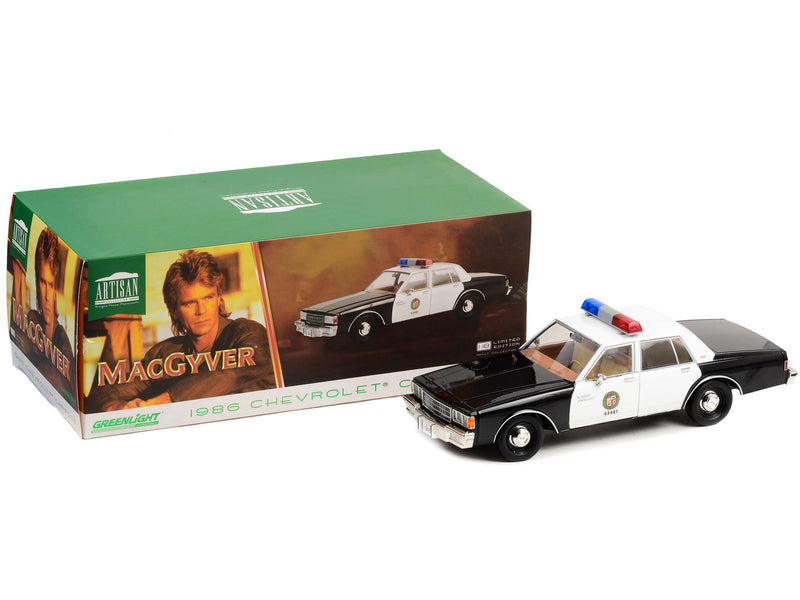 1986 Chevrolet Caprice Black and White LAPD (Los Angeles Police Department) "MacGyver" (1985-1992) TV Series "Artisan Collection" 1/18 Diecast Model Car by Greenlight