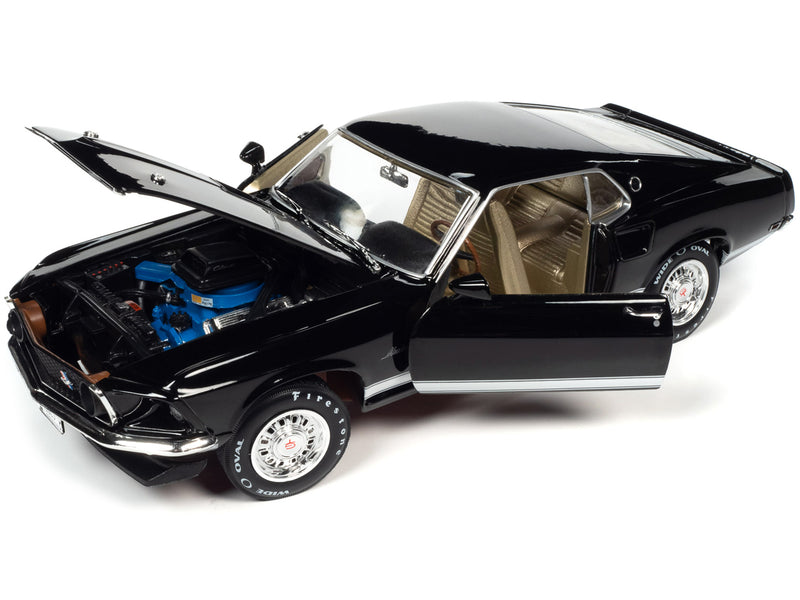 1969 Ford Mustang GT Raven Black with White Stripes and Gold Interior 1/18 Diecast Model Car by Auto World