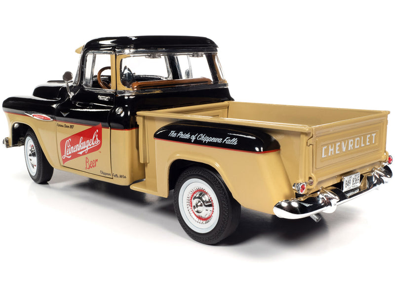 1957 Chevrolet 3100 Stepside Pickup Truck Black and Tan with Graphics "Leinenkugle's Beer The Pride of Chippewa Falls" 1/18 Diecast Model by Auto World