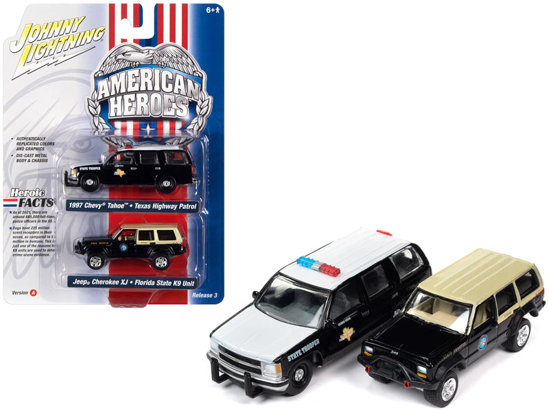 1997 Chevrolet Tahoe "Texas Highway Patrol - Department of Public Safety" Black and White and Jeep Cherokee XJ "Florida State Trooper K9 Unit" Black with Tan Top "American Heroes" Series Set of 2 Cars 1/64 Diecast Model Cars by Johnny Lightning