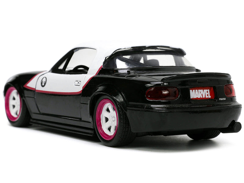 1990 Mazda Miata Black and White with Graphics and Ghost Spider Diecast Figure "Spider-Man" "Marvel" Series 1/32 Diecast Model Car by Jada