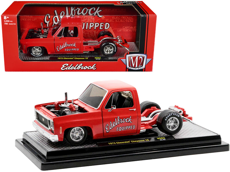 1973 Chevrolet Cheyenne Super 10 Square Body Bedless Truck Bright Red with Graphics "Edelbrock" Limited Edition to 3550 pieces Worldwide 1/24 Diecast Model Car by M2 Machines