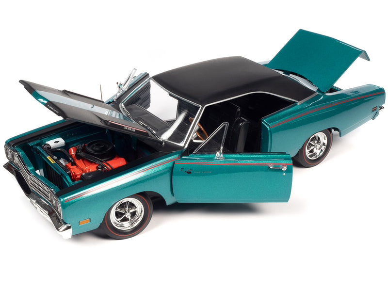1969 Plymouth Road Runner Seafoam Turquoise Metallic with Black Top and Red Stripes "Muscle Car & Corvette Nationals" (MCACN) 1/18 Diecast Model Car by Auto World
