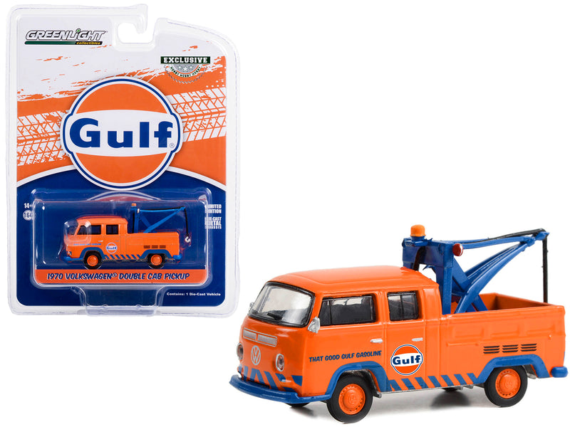 1970 Volkswagen Double Cab Pickup Tow Truck Orange "Gulf Oil - That Good Gulf Gasoline" "Hobby Exclusive" Series 1/64 Diecast Model Car by Greenlight