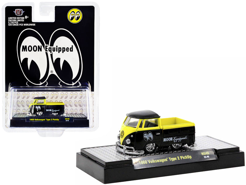 1960 Volkswagen Type 2 Pickup Truck Black and Bright Yellow "Mooneyes: Moon Equipped" Limited Edition to 5720 pieces Worldwide 1/64 Diecast Model Car by M2 Machine