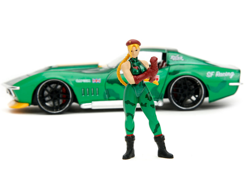 1969 Chevrolet Corvette Stingray ZL1 Green Metallic with Yellow Stripes and Cammy Diecast Figure "Street Fighter" Video Game "Anime Hollywood Rides" Series 1/24 Diecast Model Car by Jada