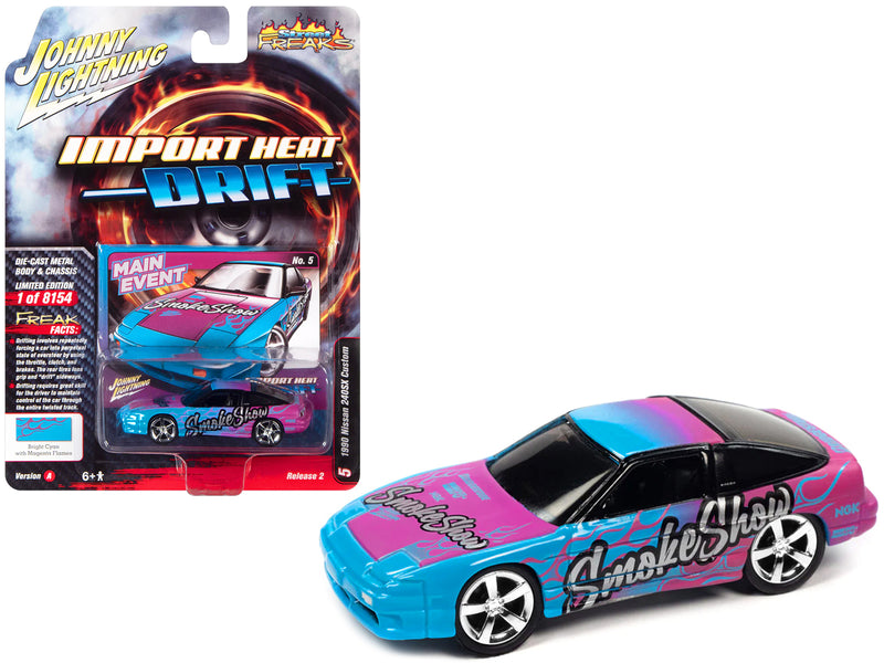 1990 Nissan 240SX Custom Bright Cyan Blue with Magenta Flames "Smoke Show" "Import Hear Drift" Series Limited Edition to 8154 pieces Worldwide 1/64 Diecast Model Car by Johnny Lightning