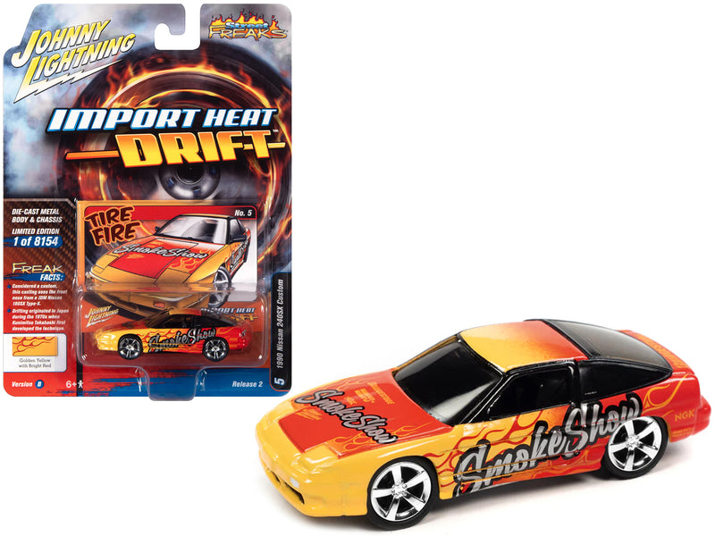 1990 Nissan 240SX Custom Golden Yellow with Bright Red Flames "Smoke Show" "Import Hear Drift" Series Limited Edition to 8154 pieces Worldwide 1/64 Diecast Model Car by Johnny Lightning