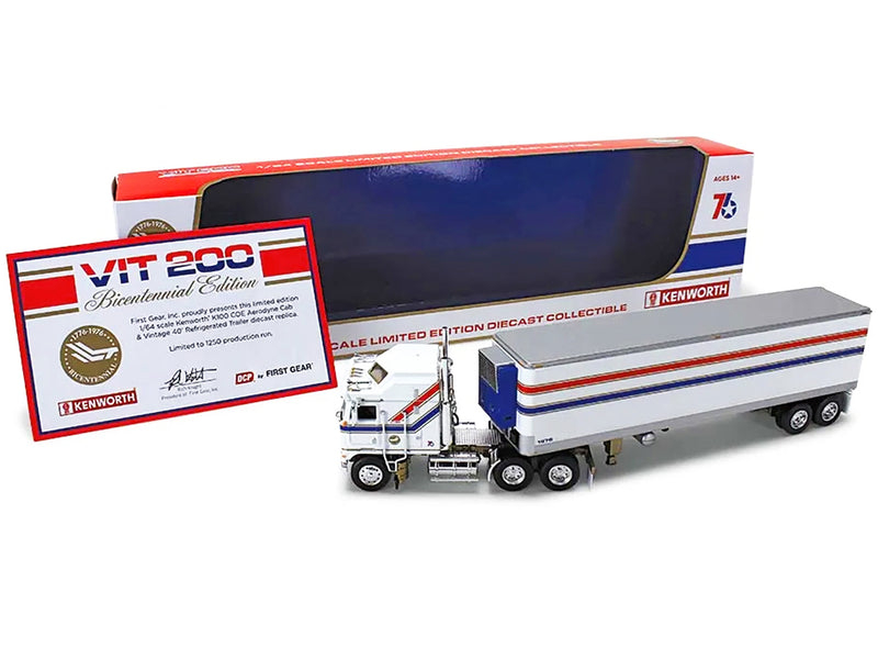 Kenworth K100 COE Aerodyne Sleeper and 40' Vintage Refrigerated Tandem-Axle Trailer White with Stripes "VIT200 Bicentennial" 1/64 Diecast Model by DCP/First Gear