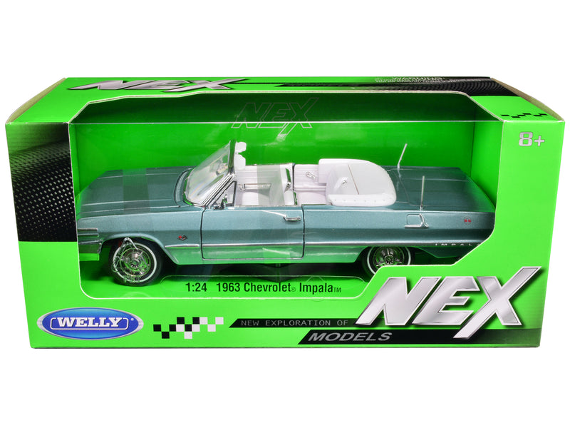 1963 Chevrolet Impala Convertible Light Blue Metallic with White Interior "NEX Models" 1/24 Diecast Model Car by Welly