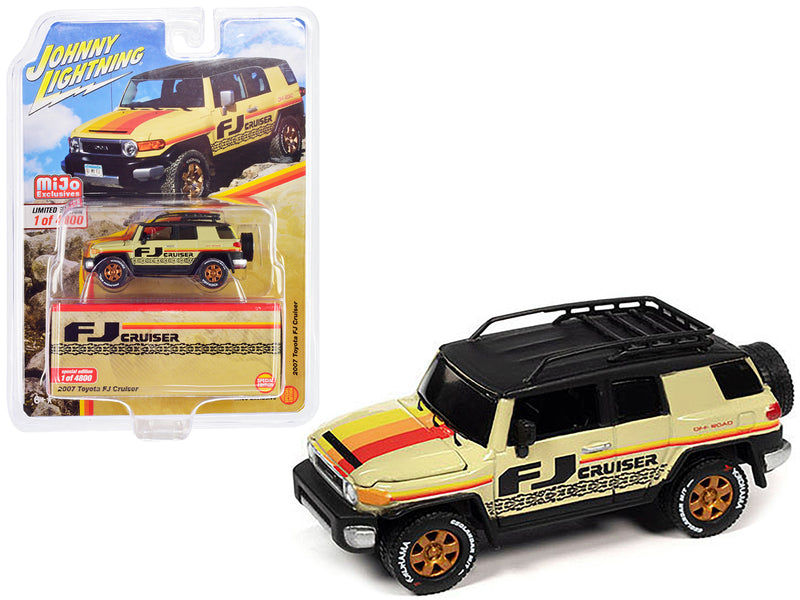 2007 Toyota FJ Cruiser Beige with Stripes and Black Top with Roofrack Limited Edition to 4800 pieces Worldwide 1/64 Diecast Model Car by Johnny Lightning