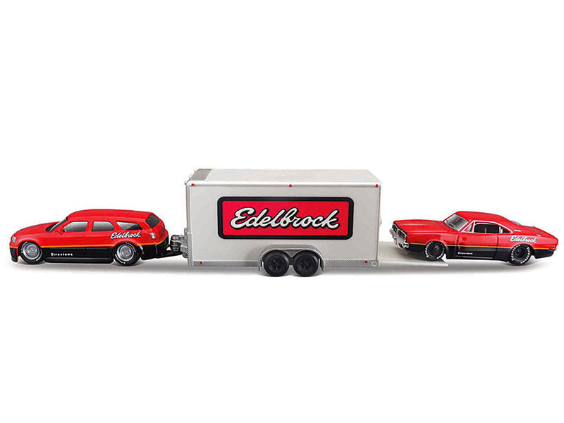2006 Dodge Magnum R/T Red and Black and 1969 Dodge Charger R/T Red and Black with Enclosed Car Trailer "Edelbrock" "Team Haulers" Series 1/64 Diecast Model Car by Maisto