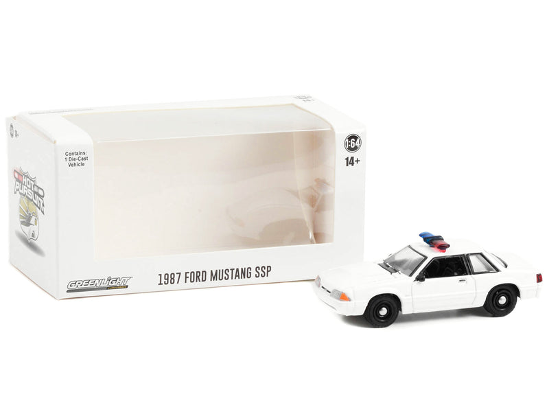 1987-1993 Ford Mustang SSP White Police Car with Light Bar "Hot Pursuit" "Hobby Exclusive" Series 1/64 Diecast Model Car by Greenlight