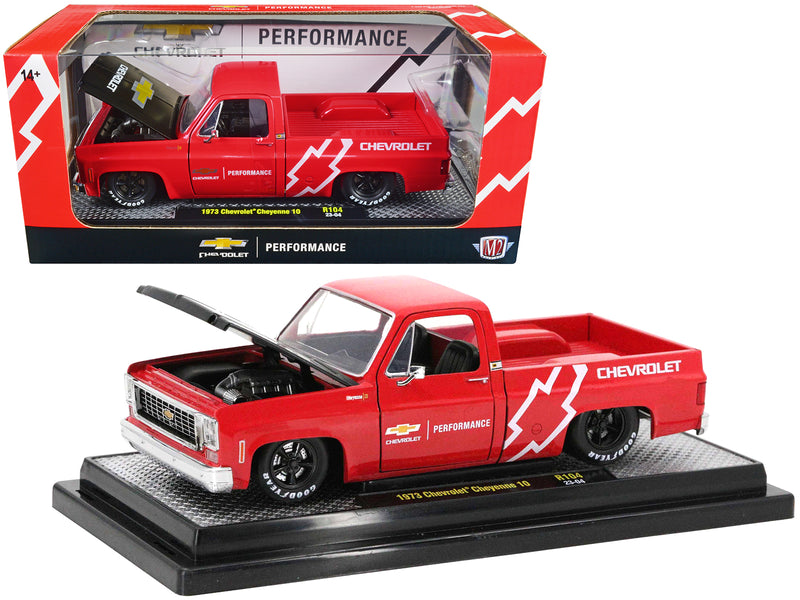 1973 Chevrolet Cheyenne 10 Pickup Truck Bright Red with Black Hood "Chevrolet Performance" Limited Edition to 7250 pieces Worldwide 1/24 Diecast Model Car by M2 Machines