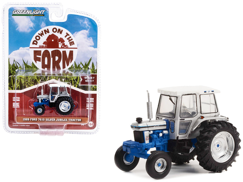 1989 Ford 7610 Silver Jubilee Tractor Silver and Blue with White Top "Down on the Farm" Series 7 1/64 Diecast Model Cars by Greenlight
