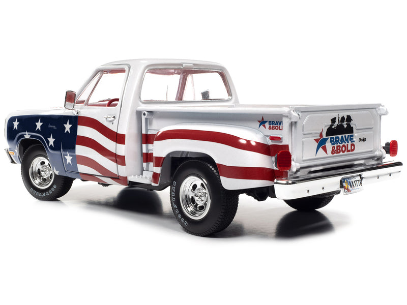 1980 Dodge D150 Adventurer Pickup Truck White with American Flag Graphics and Red Interior 1/18 Diecast Model Car by Auto World