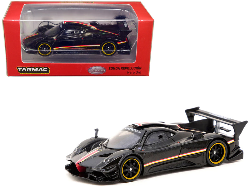 Pagani Zonda Revolucion Nero Oro Black Metallic with Stripes "Global64" Series 1/64 Diecast Model Car by Tarmac Works