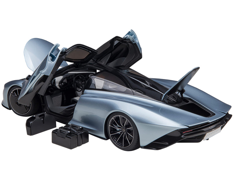 McLaren Speedtail Frozen Blue Metallic with Black Top and Suitcase Accessories 1/18 Model Car by Autoart