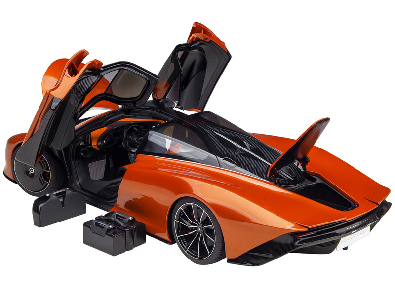McLaren Speedtail Volcano Orange Metallic with Black Top and Suitcase Accessories 1/18 Model Car by Autoart