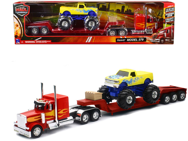 Peterbilt 379 Truck with Lowboy Trailer Red with Orange Flames and Monster Truck Yellow with Blue Flames "Long Haul Truckers" Series 1/32 Diecast Model by New Ray