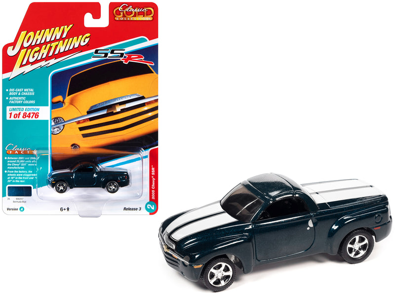 2005 Chevrolet SSR Pickup Truck Bermuda Blue Metallic with White Stripes "Classic Gold Collection" Series Limited Edition to 8476 pieces Worldwide 1/64 Diecast Model Car by Johnny Lightning