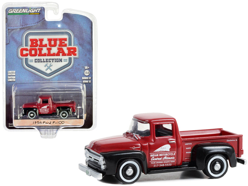 1956 Ford F-100 Pickup Truck Red and Black "Indian Motorcycle Service Parts & Sales" "Blue Collar Collection" Series 12  1/64 Diecast Model Car by Greenlight