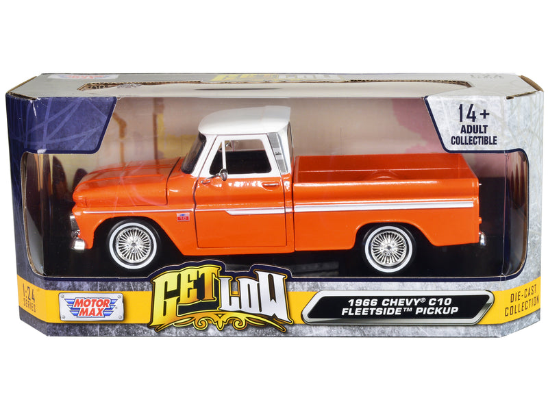 1966 Chevrolet C10 Fleetside Pickup Truck Lowrider Orange Metallic with White Top "Get Low" Series 1/24 Diecast Model Car by Motormax