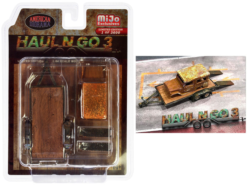 "Haul N Go 3" 6 piece Diecast Model Set (1 Flatbed Trailer 1 Abandoned Car 2 Ramps) Limited Edition to 3600 pieces Worldwide for 1/64 scale models by American Diorama
