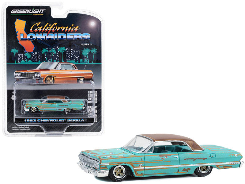 1963 Chevrolet Impala Lowrider Teal Patina (Rusted) with Brown Top and Teal Interior "California Lowriders" Series 3 1/64 Diecast Model Car by Greenlight