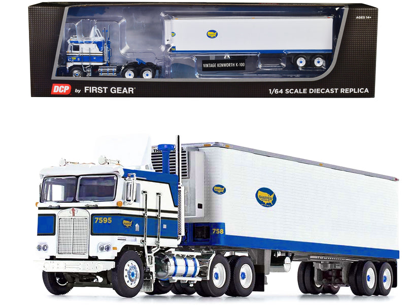 Kenworth K100 COE Flat Top with Vintage Air Foil and 40' Vintage Refrigerated Trailer Blue and White "Shaffer Trucking" 1/64 Diecast Model by DCP/First Gear