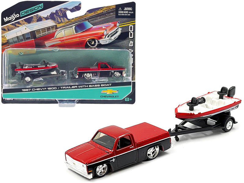 1987 Chevrolet 1500 Pickup Truck Candy Red and Black and Bass Boat with Trailer Red and Black "Tow & Go" Series 1/64 Diecast Model Car by Maisto