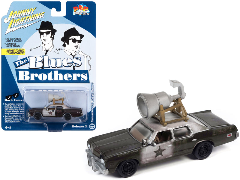 1974 Dodge Monaco Police Car Black and White (Dirty) w/Roof Speaker "Blues Brothers" (1980) Movie "Pop Culture" 2023 Release 3 1/64 Diecast Model Car by Johnny Lightning