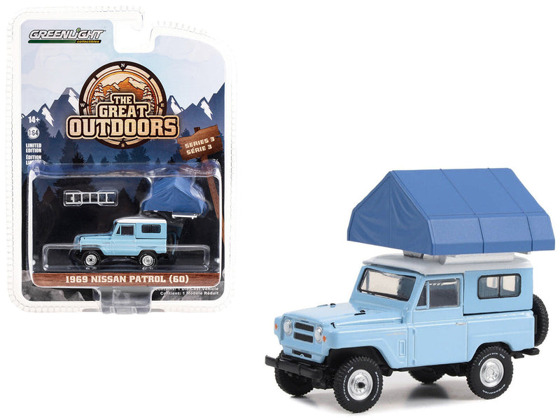 1969 Nissan Patrol (60) Light Blue with White Top and Camp'otel Cartop Sleeper Tent "The Great Outdoors" Series 3 1/64 Diecast Model Car by Greenlight