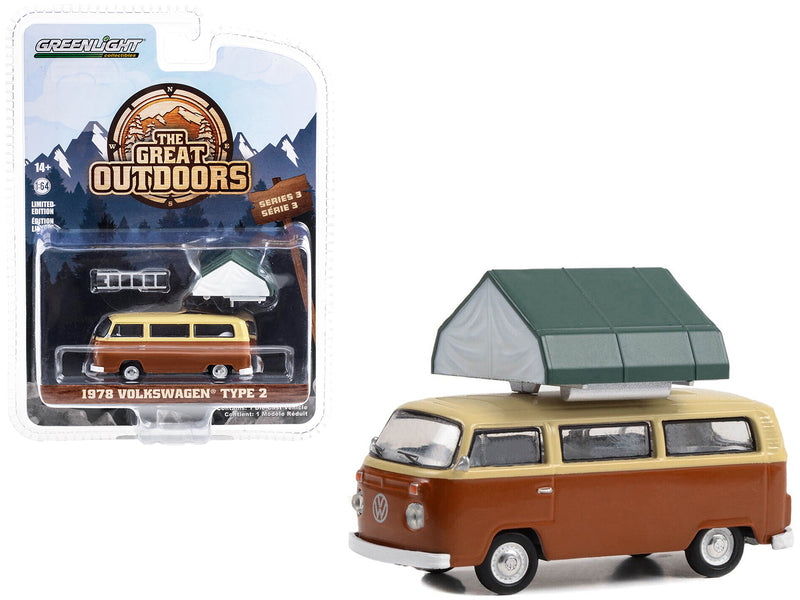 1978 Volkswagen Type 2 (T2B) Van Panama Brown and Dakota Beige with White Interior and Camp'otel Cartop Sleeper Tent "The Great Outdoors" Series 3 1/64 Diecast Model Car by Greenlight