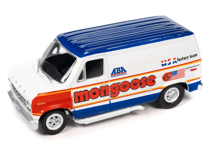 1965 Volkswagen Type 2 Transporter Van White w/ Red Top "Schwinn" & 1976 Ford Econoline Van White with Red & Blue Graphics "Mongoose USA Factory Team" "BMX Freestyle" Set of 2 Cars "2-Packs" 2023 Release 2 1/64 Diecast Model Cars by Johnny Lightning