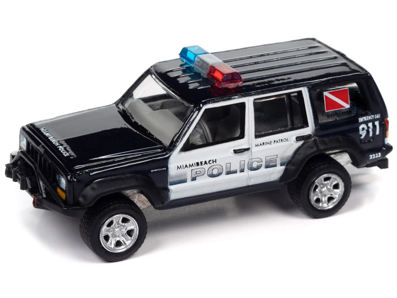 Jeep Cherokee XJ Black and White "Miami Beach Police" with Boat and Trailer "Tow & Go" Series Limited Edition to 3504 pieces Worldwide 1/64 Diecast Model Car by Johnny Lightning