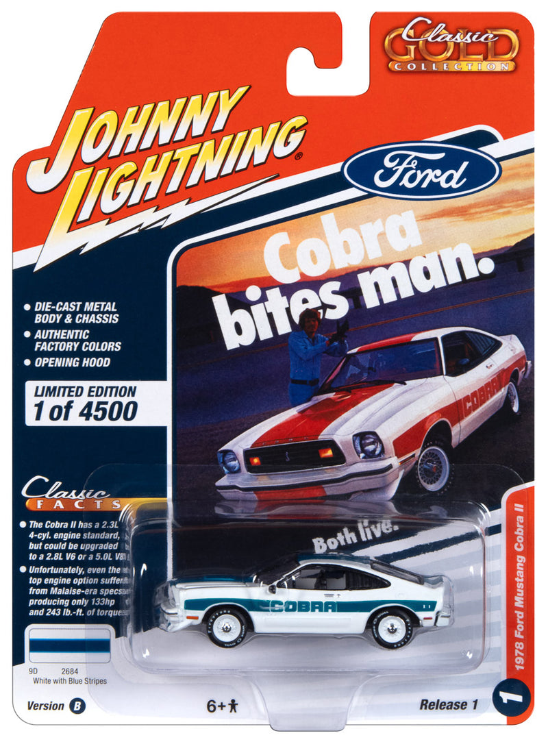 1978 Ford Mustang Cobra II White with Blue Stripes "Classic Gold Collection" 2023 Release 1 Limited Edition to 4500 pieces Worldwide 1/64 Diecast Model Car by Johnny Lightning