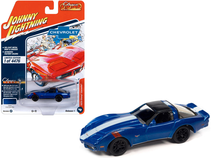 1979 Chevrolet Corvette Grand Sport Blue Metallic with White Stripes and Black Top "Classic Gold Collection" 2023 Release 1 Limited Edition to 4476 pieces Worldwide 1/64 Diecast Model Car by Johnny Lightning