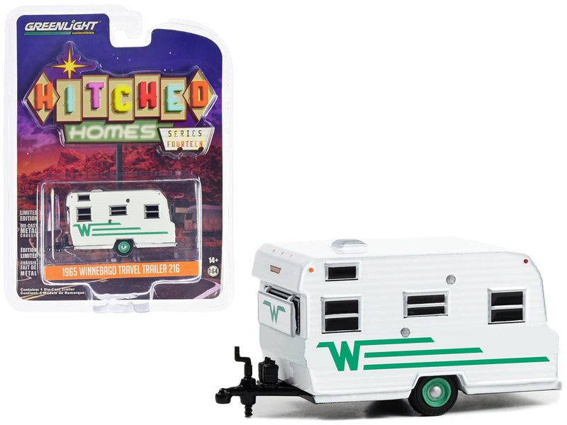 1965 Winnebago Travel Trailer 216 White with Green Stripes "Hitched Homes" Series 14 1/64 Diecast Model by Greenlight