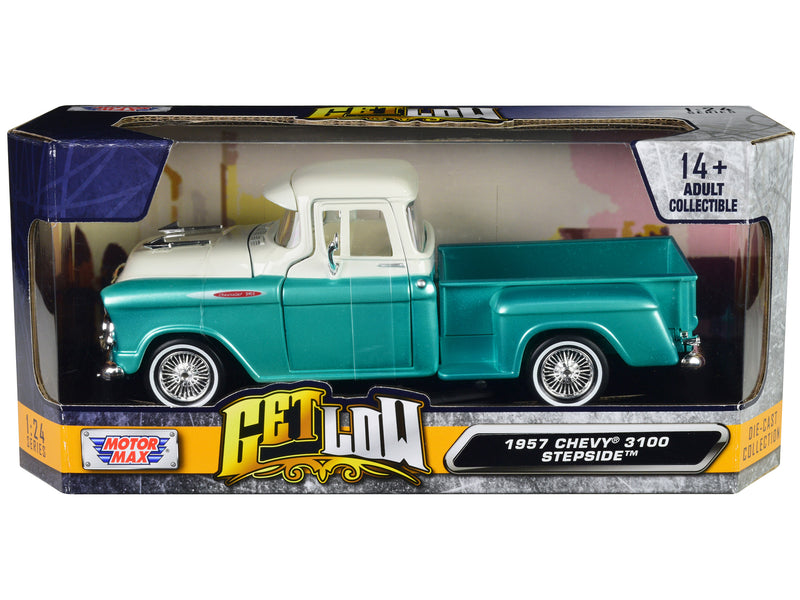 1957 Chevrolet 3100 Stepside Pickup Truck Lowrider Turquoise Metallic and White with White Interior "Get Low" Series 1/24 Diecast Model Car by Motormax