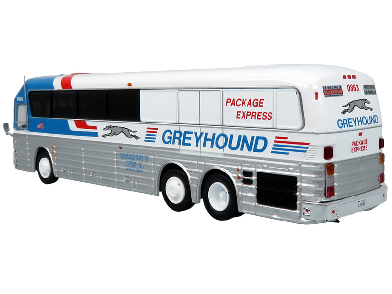 1984 Eagle Model 10 Motorcoach Bus "Greyhound Package Express" White and Blue "Vintage Bus & Motorcoach Collection" Limited Edition to 504 pieces Worldwide 1/87 (HO) Diecast Model by Iconic Replicas